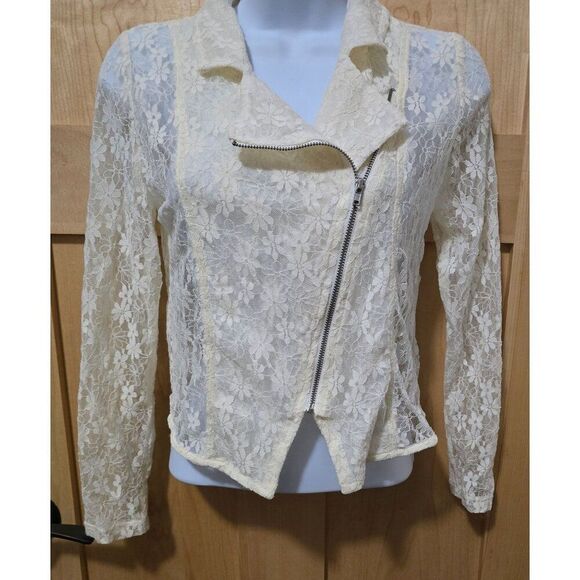 Floral Lace Cream Sheer Moto Jacket With Asymmetrical Zipper jr size M 10/12 - Picture 3 of 13